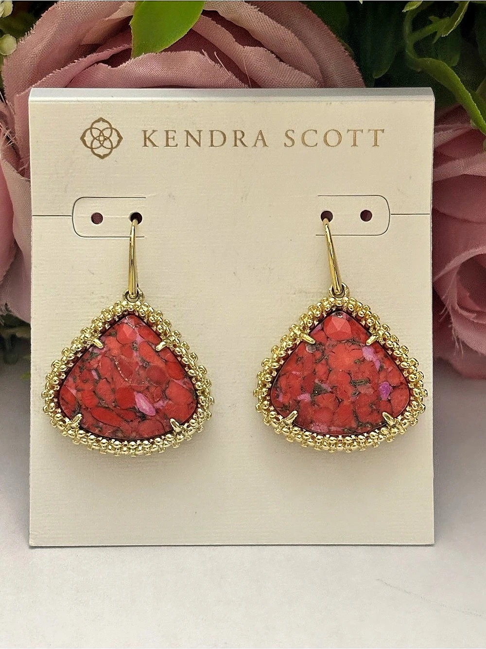 NWT Kendra Scott Framed Kendall Earrings in Gold Bronze Veined Red and fuchsia